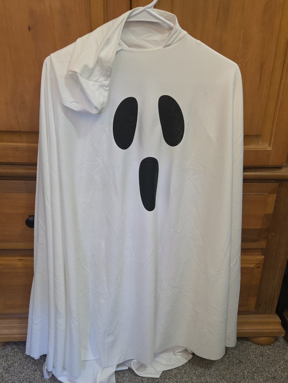 White Ghost Costume with Printed Face and Hood, Large Poncho